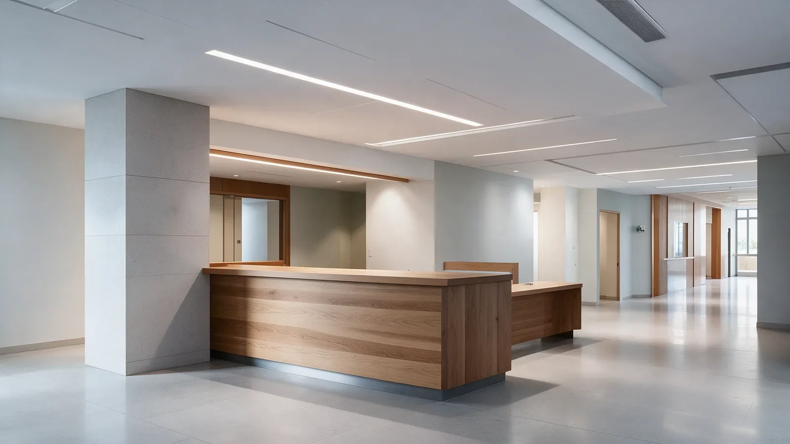 Hall d’accueil hospitalier avec canaux lumineux linéaires encastrés, banque en bois et pierre mate.