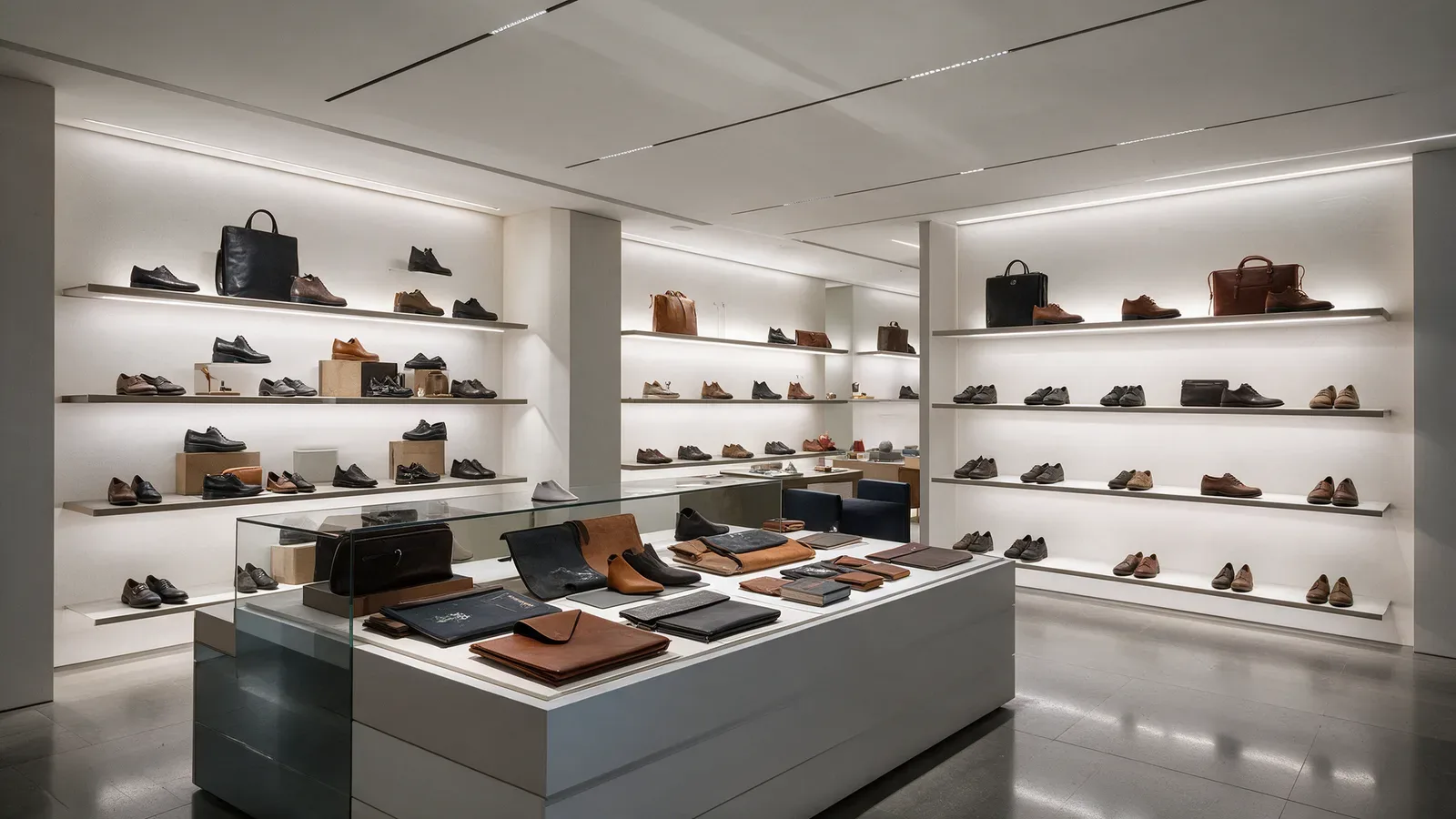 Showroom de chaussures et accessoires avec rails magnétiques encastrés et vitrines centrales.