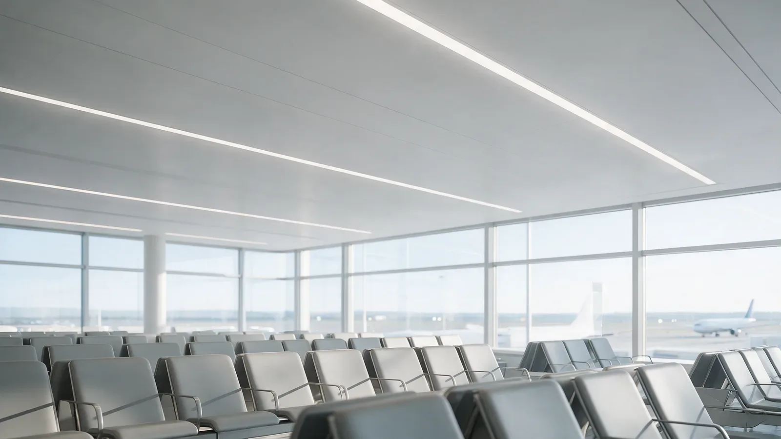 Hall d’attente d’aéroport avec lignes lumineuses encastrées, rangées de sièges et grandes baies vitrées.
